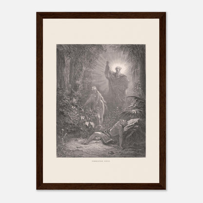 La formation d'Ève, gravure ancienne de Gustave Doré (21x29,7 cm (A4) / Cadre bois foncé). Gravure de Gustave Doré dépeignant la formation d’Ève à partir d’Adam endormi, avec une figure divine bénissant la scène.