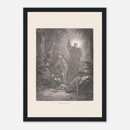La formation d'Ève, gravure ancienne de Gustave Doré (21x29,7 cm (A4) / Cadre noir). Gravure de Gustave Doré dépeignant la formation d’Ève à partir d’Adam endormi, avec une figure divine bénissant la scène.