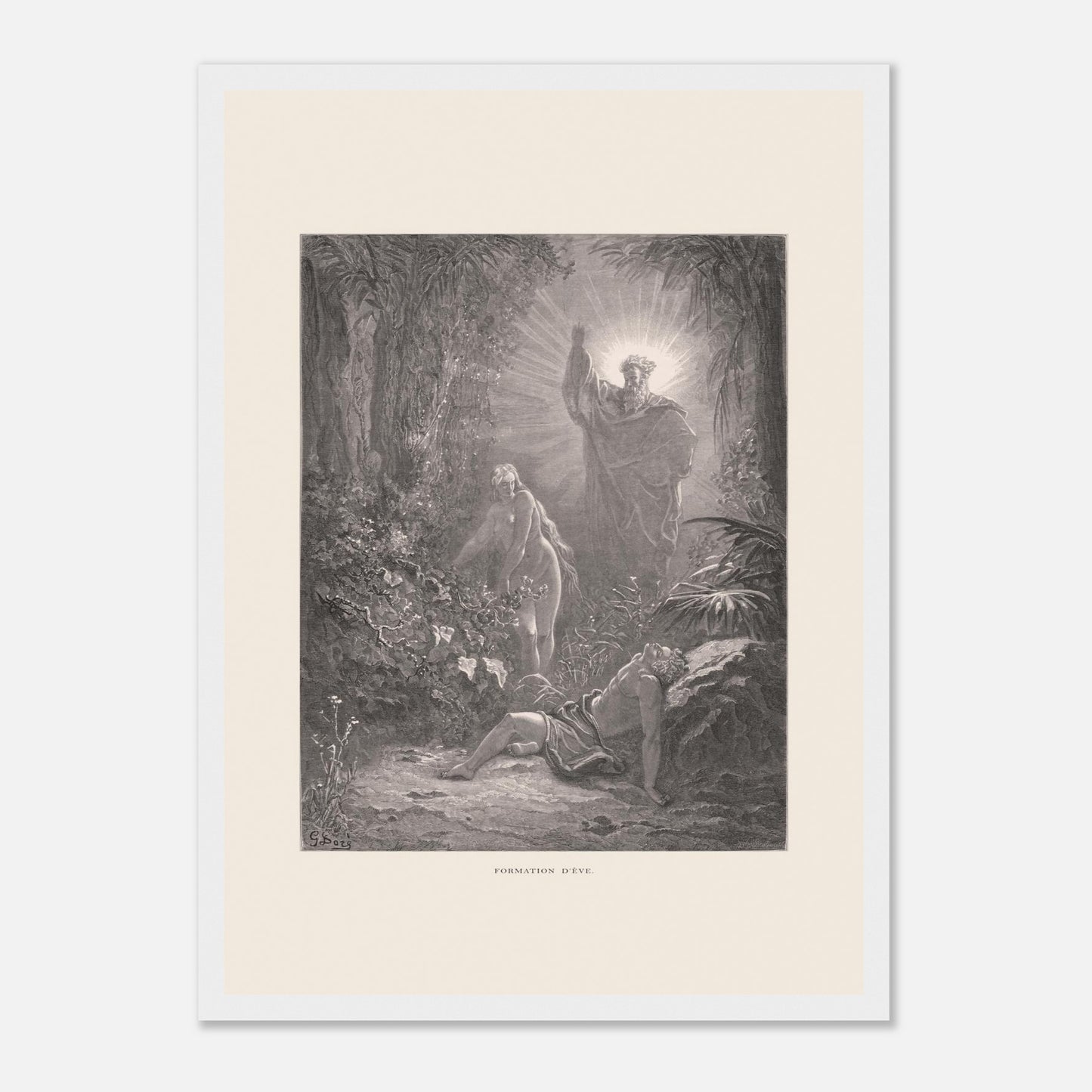 La formation d'Ève, gravure ancienne de Gustave Doré (29,7x42 cm (A3) / Cadre blanc). Gravure de Gustave Doré dépeignant la formation d’Ève à partir d’Adam endormi, avec une figure divine bénissant la scène.