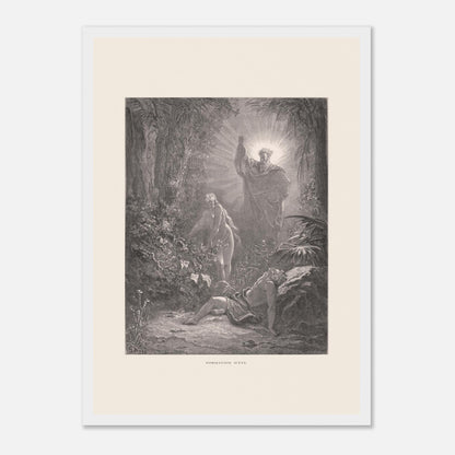 La formation d'Ève, gravure ancienne de Gustave Doré (29,7x42 cm (A3) / Cadre blanc). Gravure de Gustave Doré dépeignant la formation d’Ève à partir d’Adam endormi, avec une figure divine bénissant la scène.