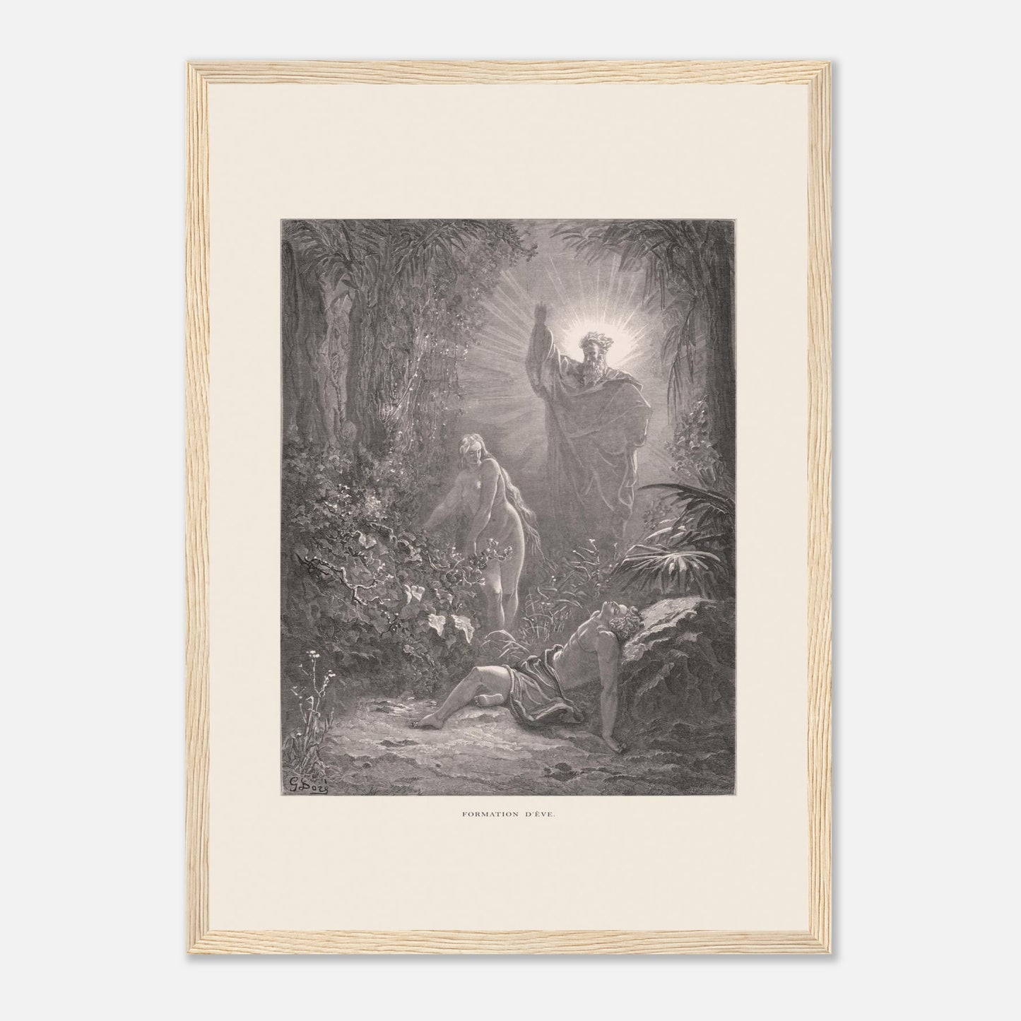 La formation d'Ève, gravure ancienne de Gustave Doré (29,7x42 cm (A3) / Cadre bois clair). Gravure de Gustave Doré dépeignant la formation d’Ève à partir d’Adam endormi, avec une figure divine bénissant la scène.