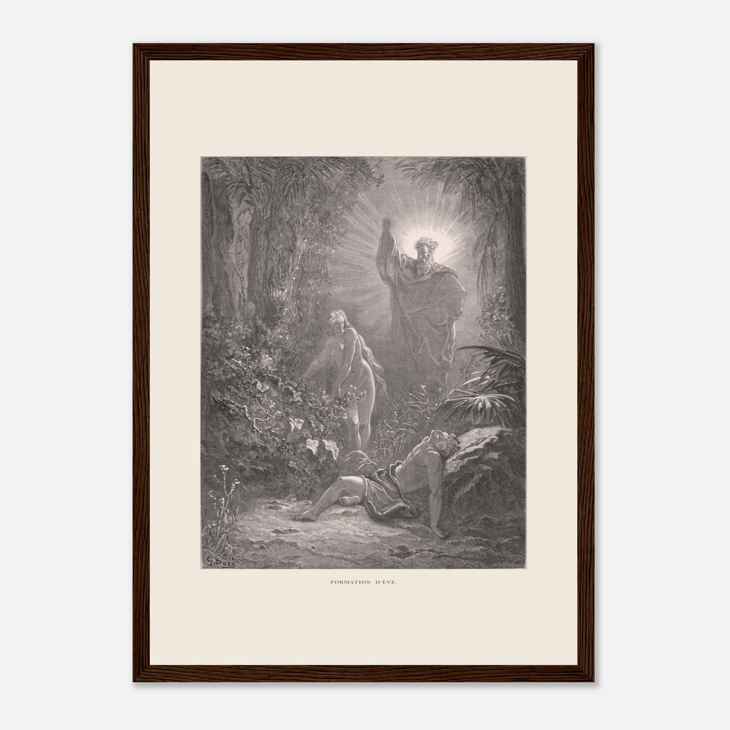 La formation d'Ève, gravure ancienne de Gustave Doré (29,7x42 cm (A3) / Cadre bois foncé). Gravure de Gustave Doré dépeignant la formation d’Ève à partir d’Adam endormi, avec une figure divine bénissant la scène.