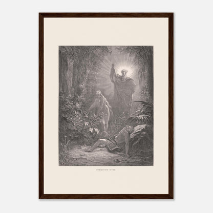 La formation d'Ève, gravure ancienne de Gustave Doré (29,7x42 cm (A3) / Cadre bois foncé). Gravure de Gustave Doré dépeignant la formation d’Ève à partir d’Adam endormi, avec une figure divine bénissant la scène.