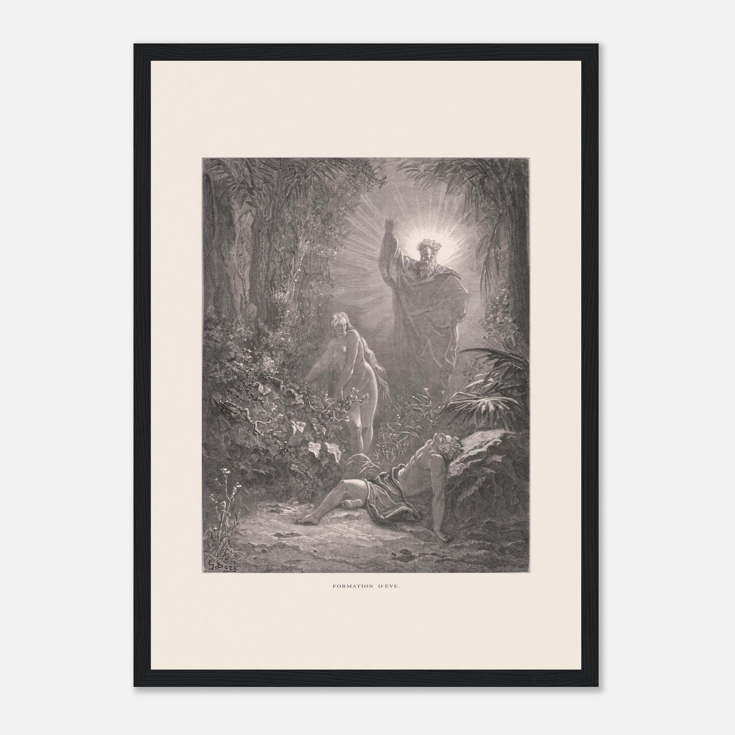 La formation d'Ève, gravure ancienne de Gustave Doré (29,7x42 cm (A3) / Cadre noir). Gravure de Gustave Doré dépeignant la formation d’Ève à partir d’Adam endormi, avec une figure divine bénissant la scène.