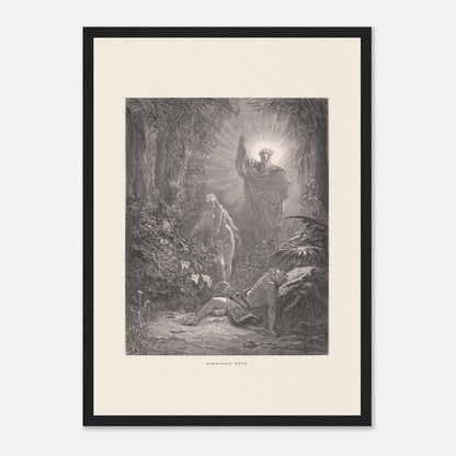 La formation d'Ève, gravure ancienne de Gustave Doré (29,7x42 cm (A3) / Cadre noir). Gravure de Gustave Doré dépeignant la formation d’Ève à partir d’Adam endormi, avec une figure divine bénissant la scène.