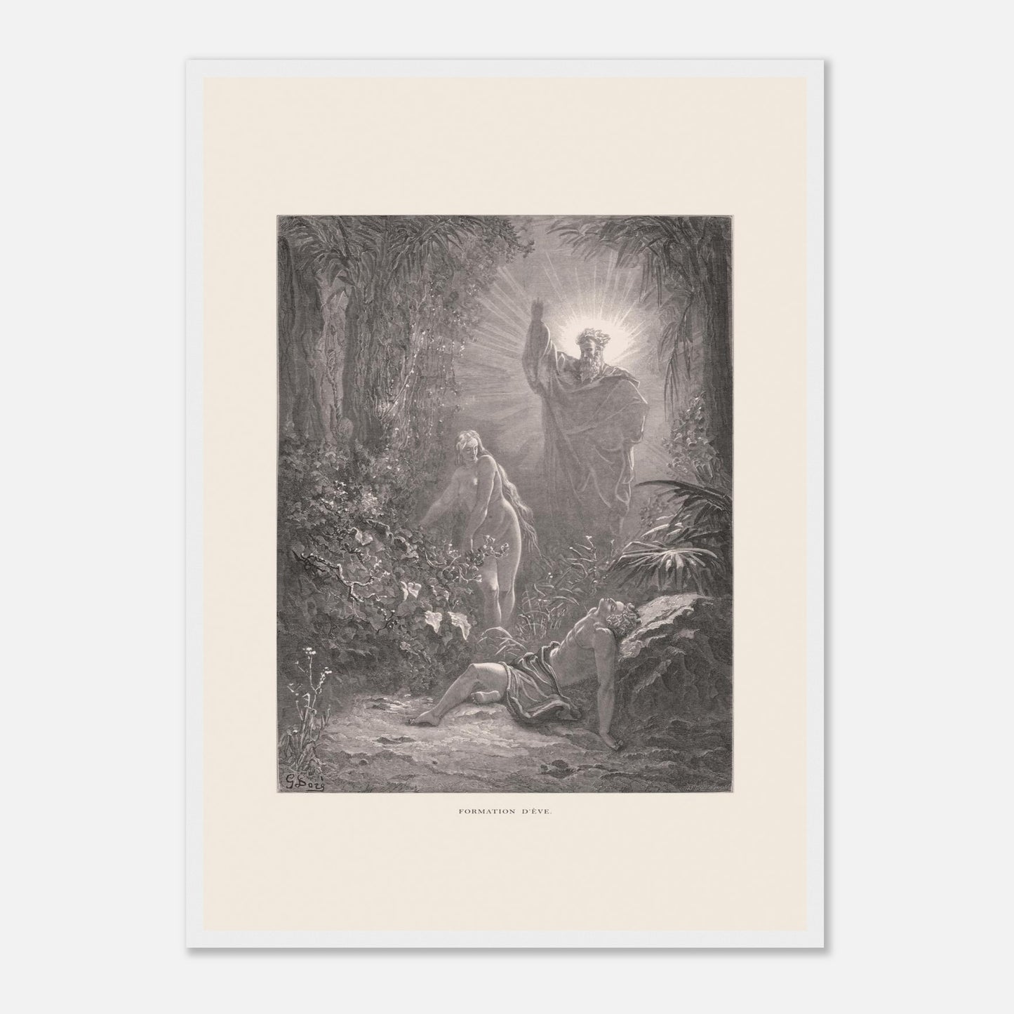 La formation d'Ève, gravure ancienne de Gustave Doré (42x59,4 cm (A2) / Cadre blanc). Gravure de Gustave Doré dépeignant la formation d’Ève à partir d’Adam endormi, avec une figure divine bénissant la scène.