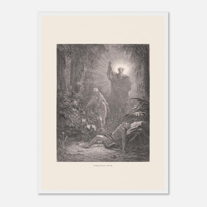 La formation d'Ève, gravure ancienne de Gustave Doré (42x59,4 cm (A2) / Cadre blanc). Gravure de Gustave Doré dépeignant la formation d’Ève à partir d’Adam endormi, avec une figure divine bénissant la scène.