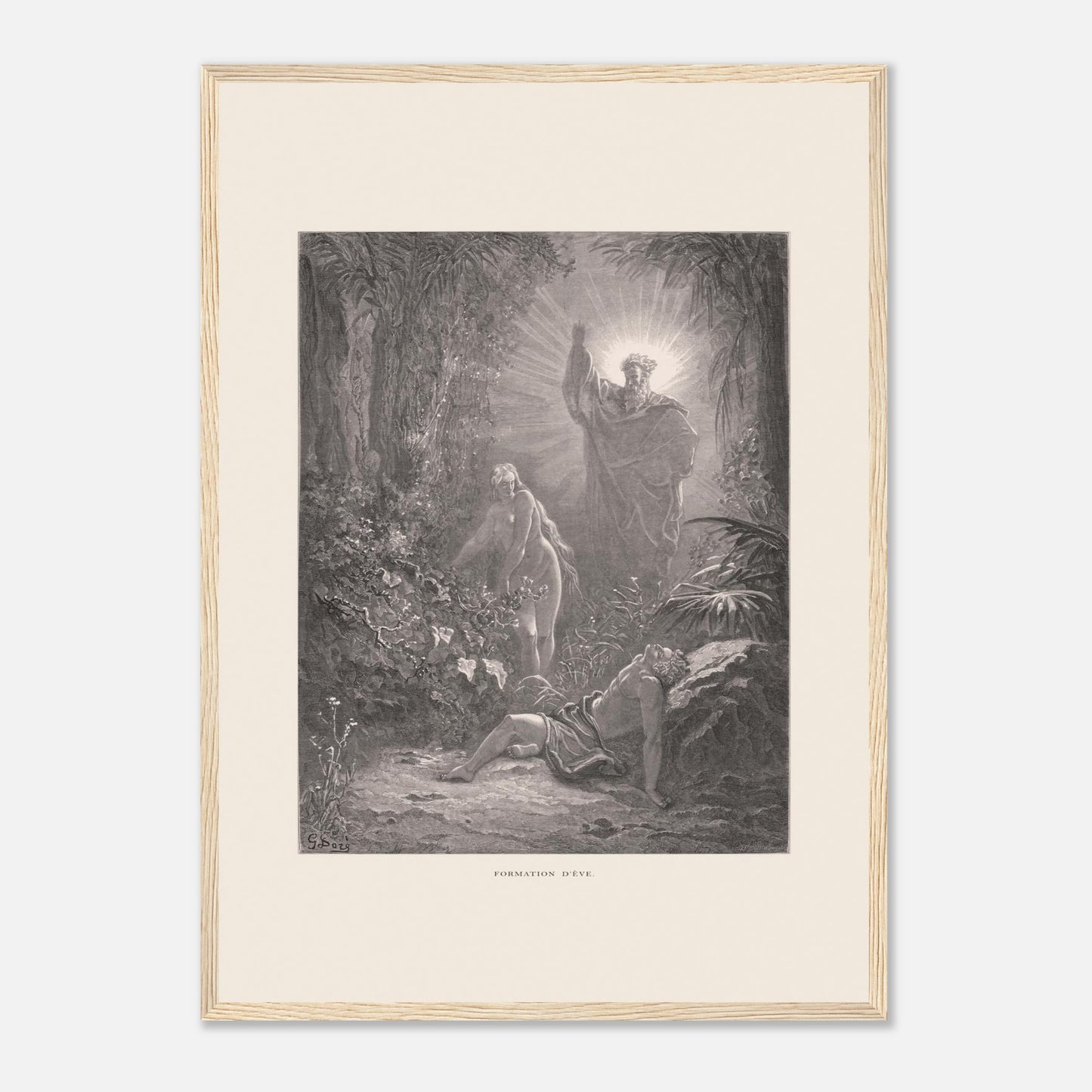 La formation d'Ève, gravure ancienne de Gustave Doré (42x59,4 cm (A2) / Cadre bois clair). Gravure de Gustave Doré dépeignant la formation d’Ève à partir d’Adam endormi, avec une figure divine bénissant la scène.