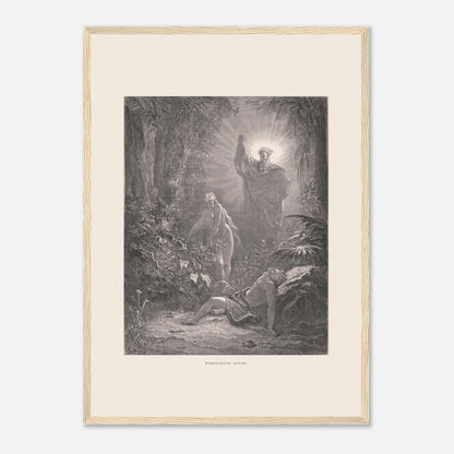 La formation d'Ève, gravure ancienne de Gustave Doré (42x59,4 cm (A2) / Cadre bois clair). Gravure de Gustave Doré dépeignant la formation d’Ève à partir d’Adam endormi, avec une figure divine bénissant la scène.