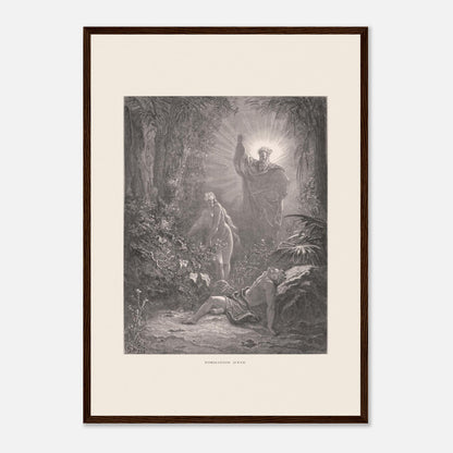La formation d'Ève, gravure ancienne de Gustave Doré (42x59,4 cm (A2) / Cadre bois foncé). Gravure de Gustave Doré dépeignant la formation d’Ève à partir d’Adam endormi, avec une figure divine bénissant la scène.
