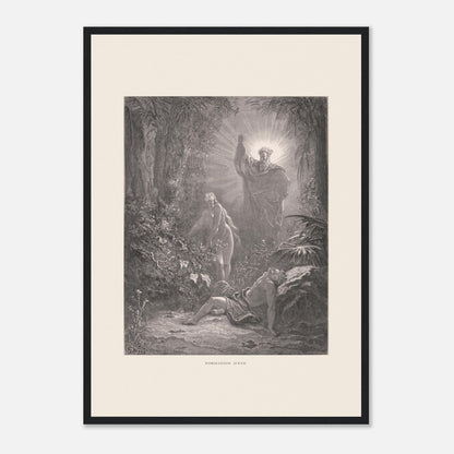 La formation d'Ève, gravure ancienne de Gustave Doré (42x59,4 cm (A2) / Cadre noir). Gravure de Gustave Doré dépeignant la formation d’Ève à partir d’Adam endormi, avec une figure divine bénissant la scène.