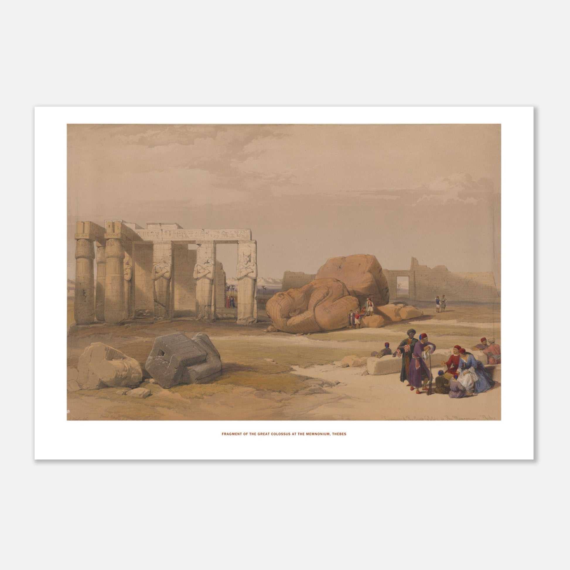 Fragment du grand colosse au Memnonium, Thèbes - David Roberts (21x29,7 cm (A4)). Lithographie ancienne montrant le fragment d'un grand colosse au Memnonium à Thèbes, avec des ruines de temples et des groupes de personnes.