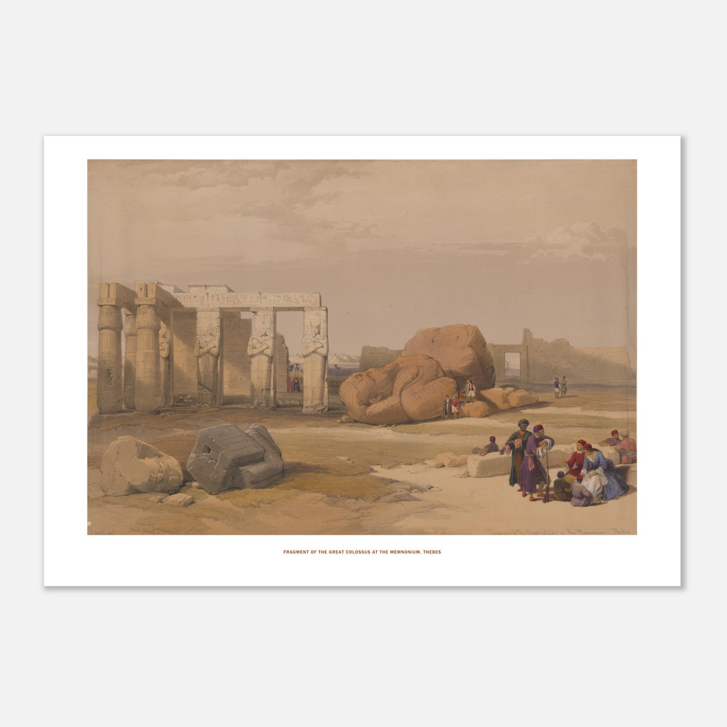 Fragment du grand colosse au Memnonium, Thèbes - David Roberts (29,7x42 cm (A3)). Lithographie ancienne montrant le fragment d'un grand colosse au Memnonium à Thèbes, avec des ruines de temples et des groupes de personnes.