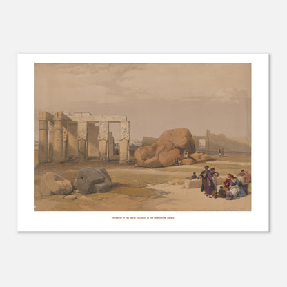 Fragment du grand colosse au Memnonium, Thèbes - David Roberts (29,7x42 cm (A3)). Lithographie ancienne montrant le fragment d'un grand colosse au Memnonium à Thèbes, avec des ruines de temples et des groupes de personnes.