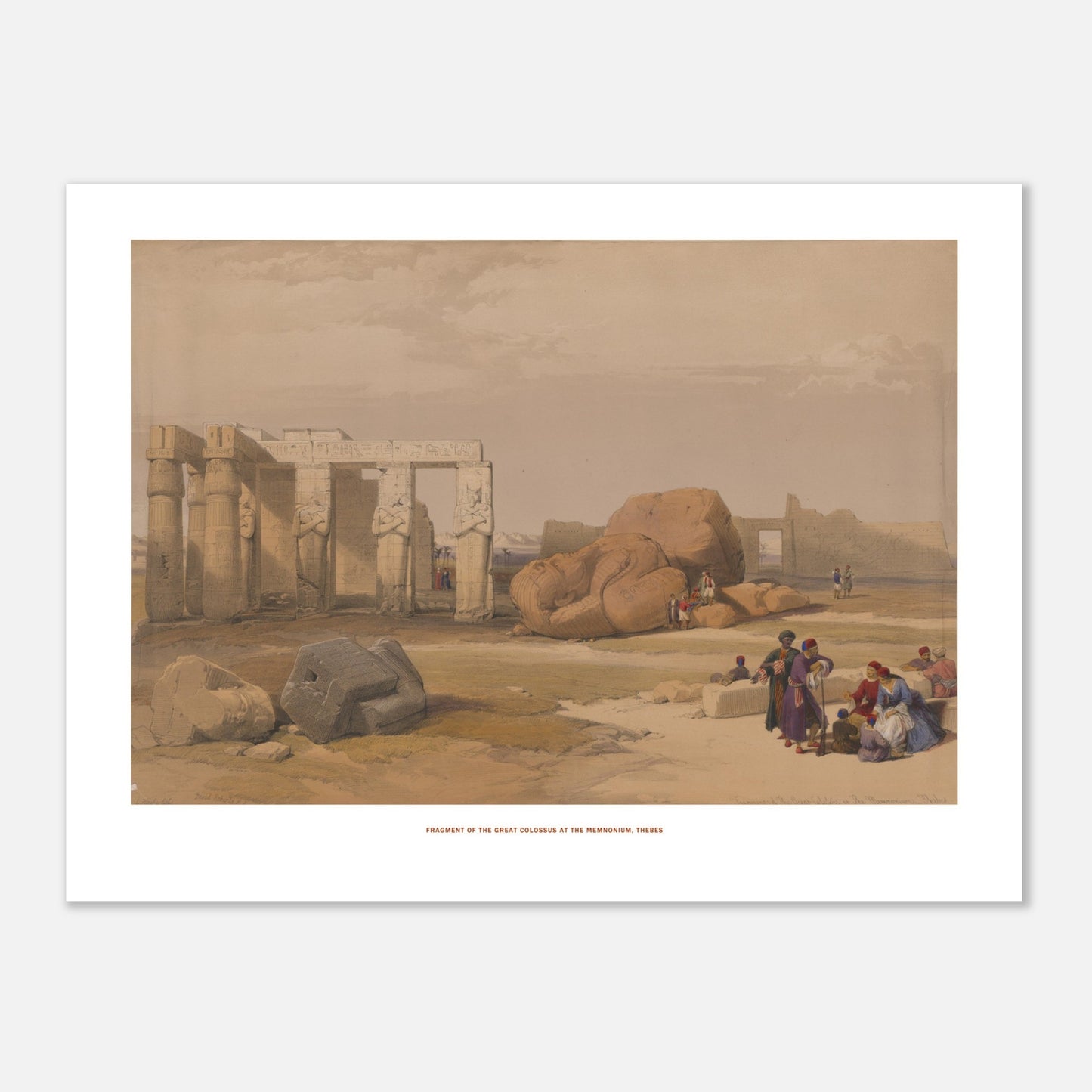 Fragment du grand colosse au Memnonium, Thèbes - David Roberts (30x40 cm). Lithographie ancienne montrant le fragment d'un grand colosse au Memnonium à Thèbes, avec des ruines de temples et des groupes de personnes.