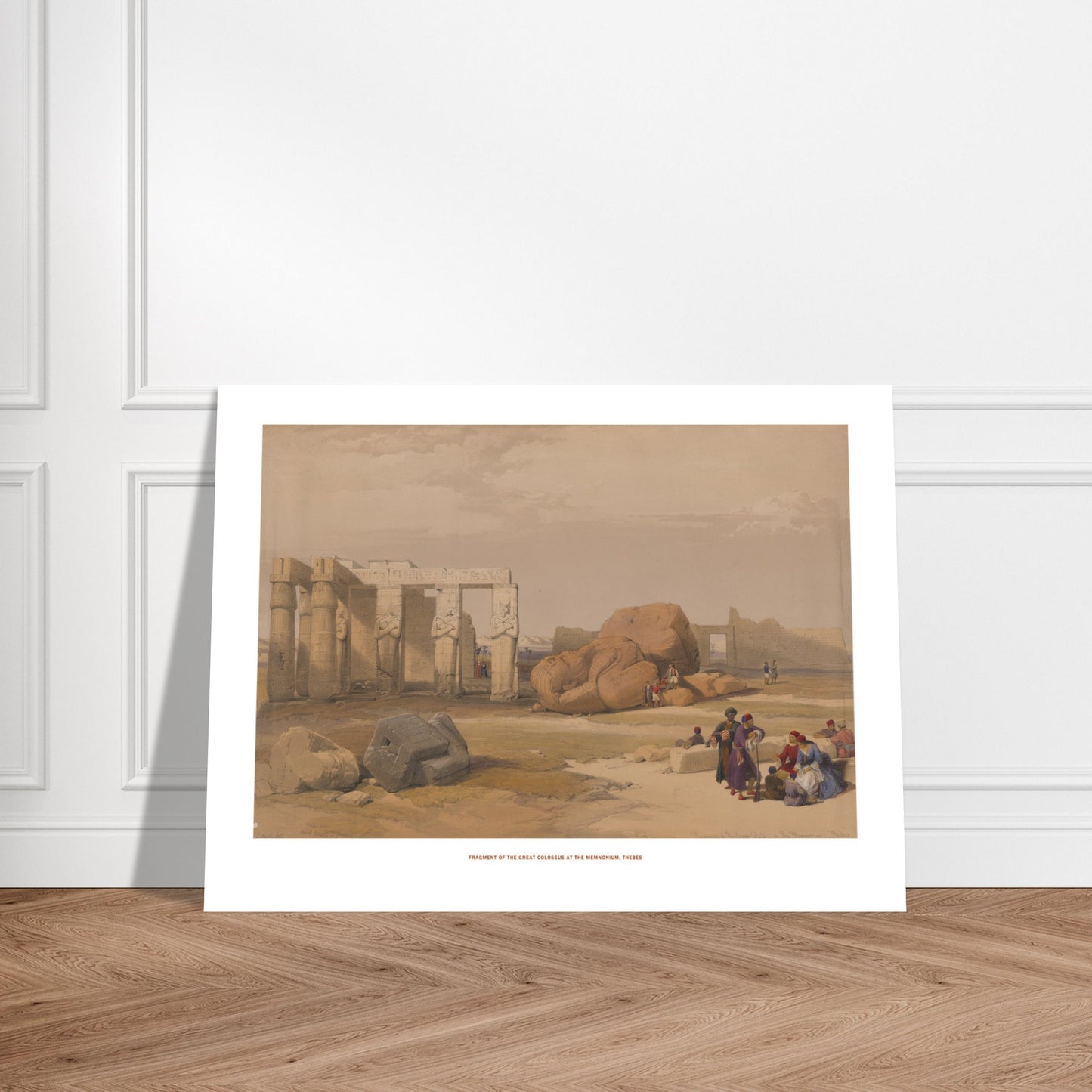 Fragment du grand colosse au Memnonium, Thèbes - David Roberts. Lithographie ancienne montrant le fragment d'un grand colosse au Memnonium à Thèbes, avec des ruines de temples et des groupes de personnes. Image d'illustration 6
