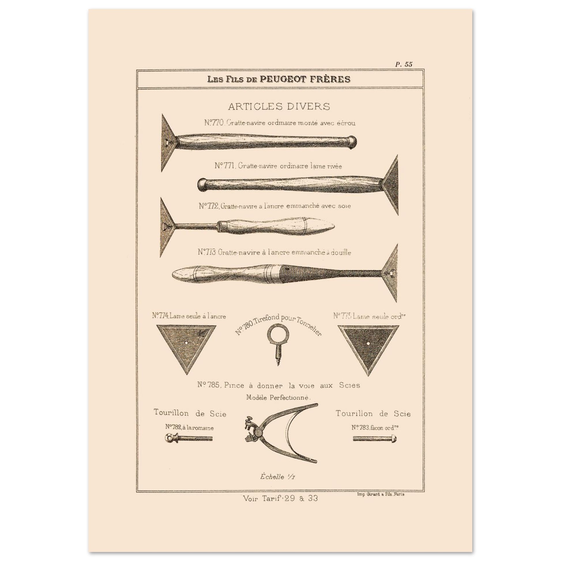 Gravure de grattes-navires et tourillons de scie — Catalogue Peugeot (1885) (21x29,7 cm (A4)). Gravure ancienne du catalogue Peugeot Frères présentant une variété d'outils, dont des gratte-navires et des tourillons de scie, avec leurs numéros de référence et descriptions.