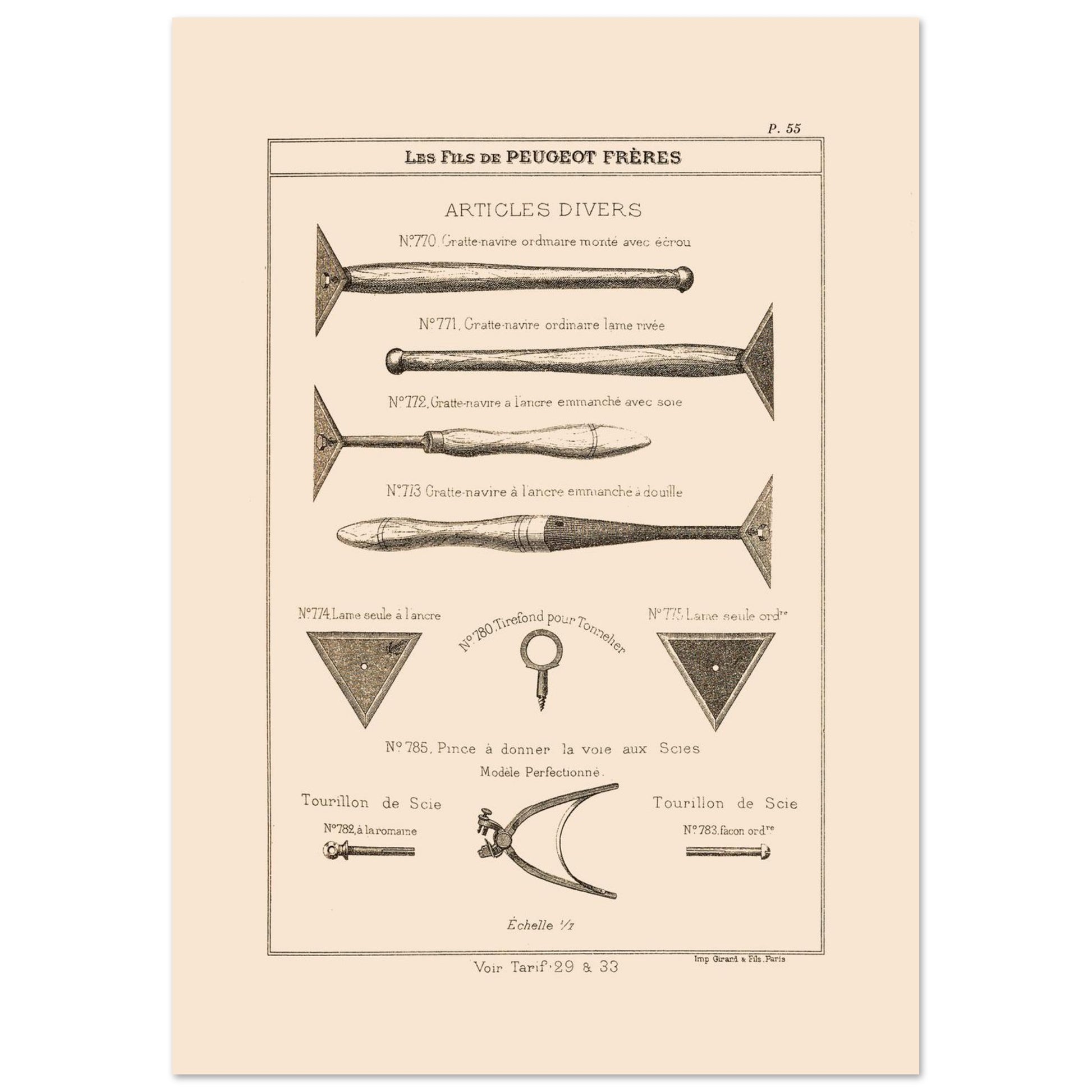 Gravure de grattes-navires et tourillons de scie — Catalogue Peugeot (1885) (29,7x42 cm (A3)). Gravure ancienne du catalogue Peugeot Frères présentant une variété d'outils, dont des gratte-navires et des tourillons de scie, avec leurs numéros de référence et descriptions.