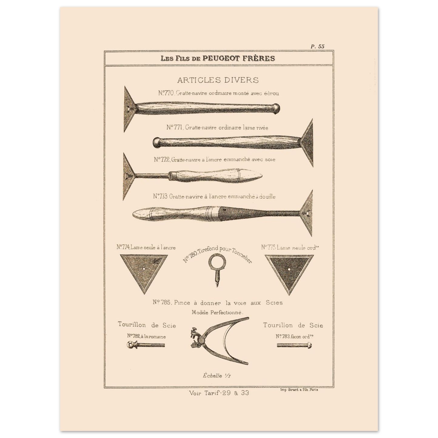 Gravure de grattes-navires et tourillons de scie — Catalogue Peugeot (1885) (30x40 cm). Gravure ancienne du catalogue Peugeot Frères présentant une variété d'outils, dont des gratte-navires et des tourillons de scie, avec leurs numéros de référence et descriptions.