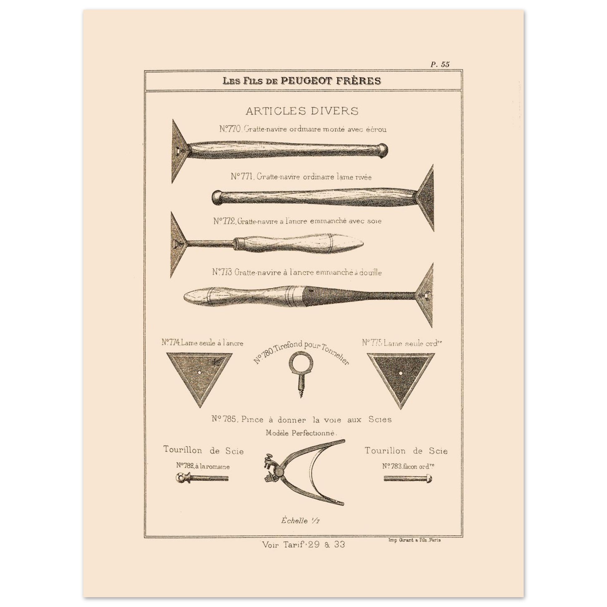 Gravure de grattes-navires et tourillons de scie — Catalogue Peugeot (1885) (30x40 cm). Gravure ancienne du catalogue Peugeot Frères présentant une variété d'outils, dont des gratte-navires et des tourillons de scie, avec leurs numéros de référence et descriptions.