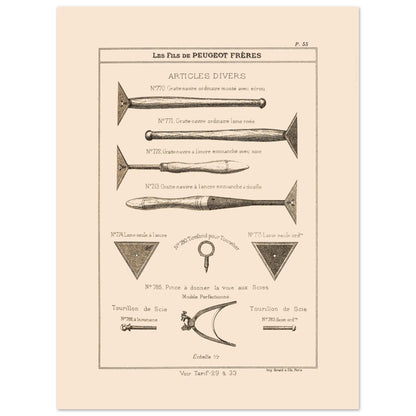Gravure de grattes-navires et tourillons de scie — Catalogue Peugeot (1885) (30x40 cm). Gravure ancienne du catalogue Peugeot Frères présentant une variété d'outils, dont des gratte-navires et des tourillons de scie, avec leurs numéros de référence et descriptions.