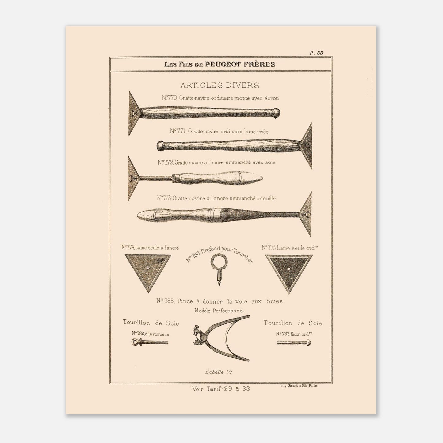 Gravure de grattes-navires et tourillons de scie — Catalogue Peugeot (1885). Gravure ancienne du catalogue Peugeot Frères présentant une variété d'outils, dont des gratte-navires et des tourillons de scie, avec leurs numéros de référence et descriptions. Image d'illustration 4