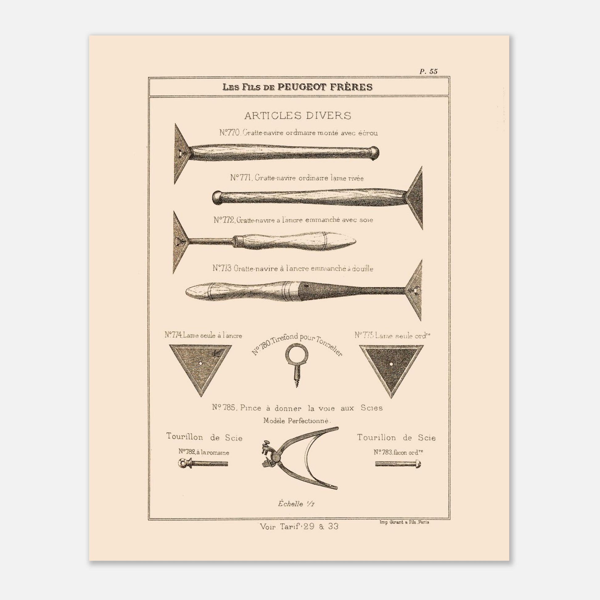 Gravure de grattes-navires et tourillons de scie — Catalogue Peugeot (1885). Gravure ancienne du catalogue Peugeot Frères présentant une variété d'outils, dont des gratte-navires et des tourillons de scie, avec leurs numéros de référence et descriptions. Image d'illustration 4