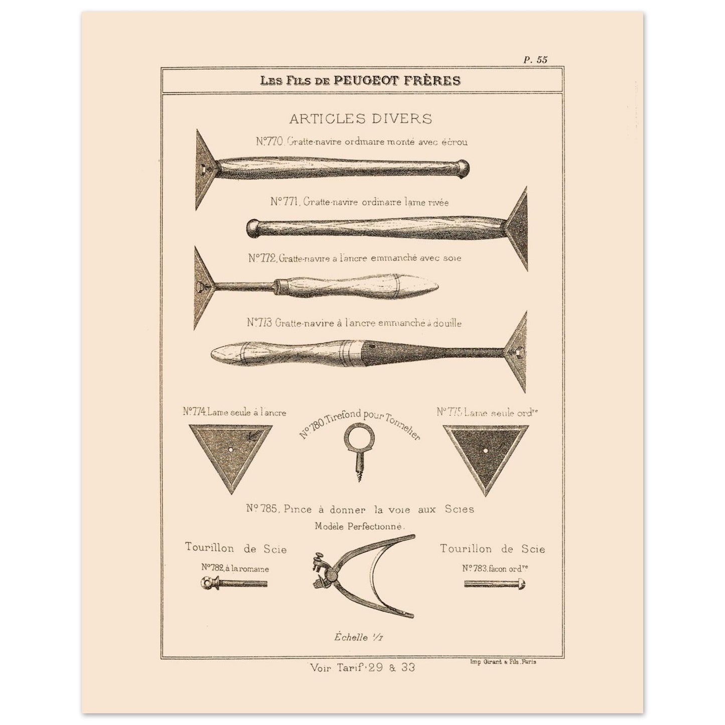 Gravure de grattes-navires et tourillons de scie — Catalogue Peugeot (1885) (40x50 cm). Gravure ancienne du catalogue Peugeot Frères présentant une variété d'outils, dont des gratte-navires et des tourillons de scie, avec leurs numéros de référence et descriptions.