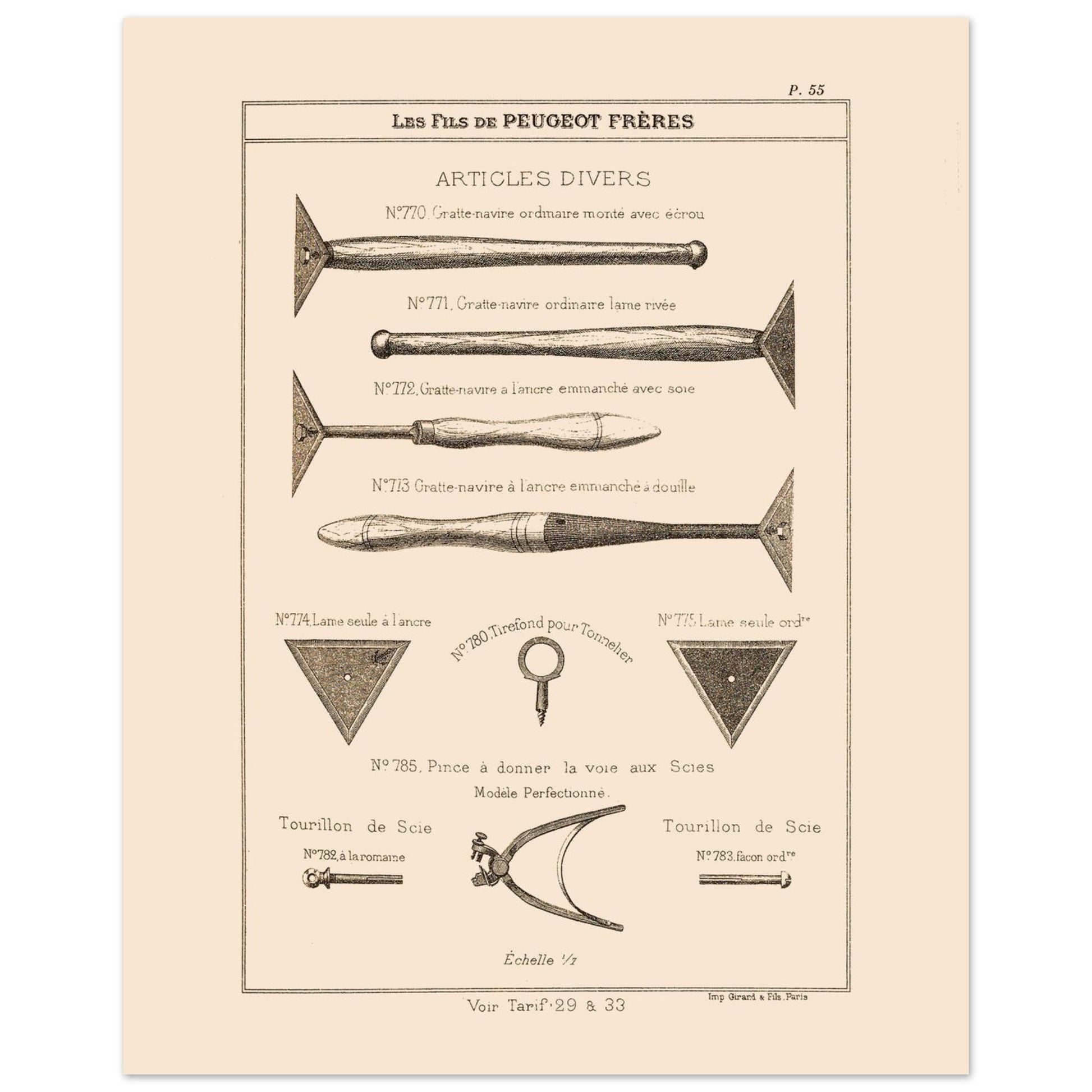 Gravure de grattes-navires et tourillons de scie — Catalogue Peugeot (1885) (40x50 cm). Gravure ancienne du catalogue Peugeot Frères présentant une variété d'outils, dont des gratte-navires et des tourillons de scie, avec leurs numéros de référence et descriptions.
