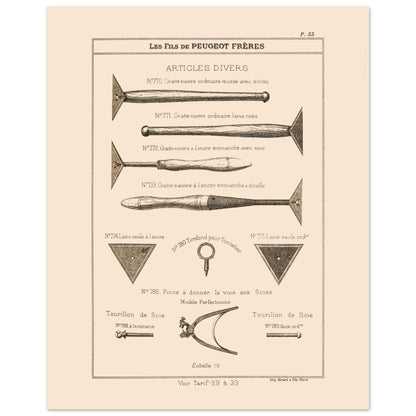 Gravure de grattes-navires et tourillons de scie — Catalogue Peugeot (1885) (40x50 cm). Gravure ancienne du catalogue Peugeot Frères présentant une variété d'outils, dont des gratte-navires et des tourillons de scie, avec leurs numéros de référence et descriptions.