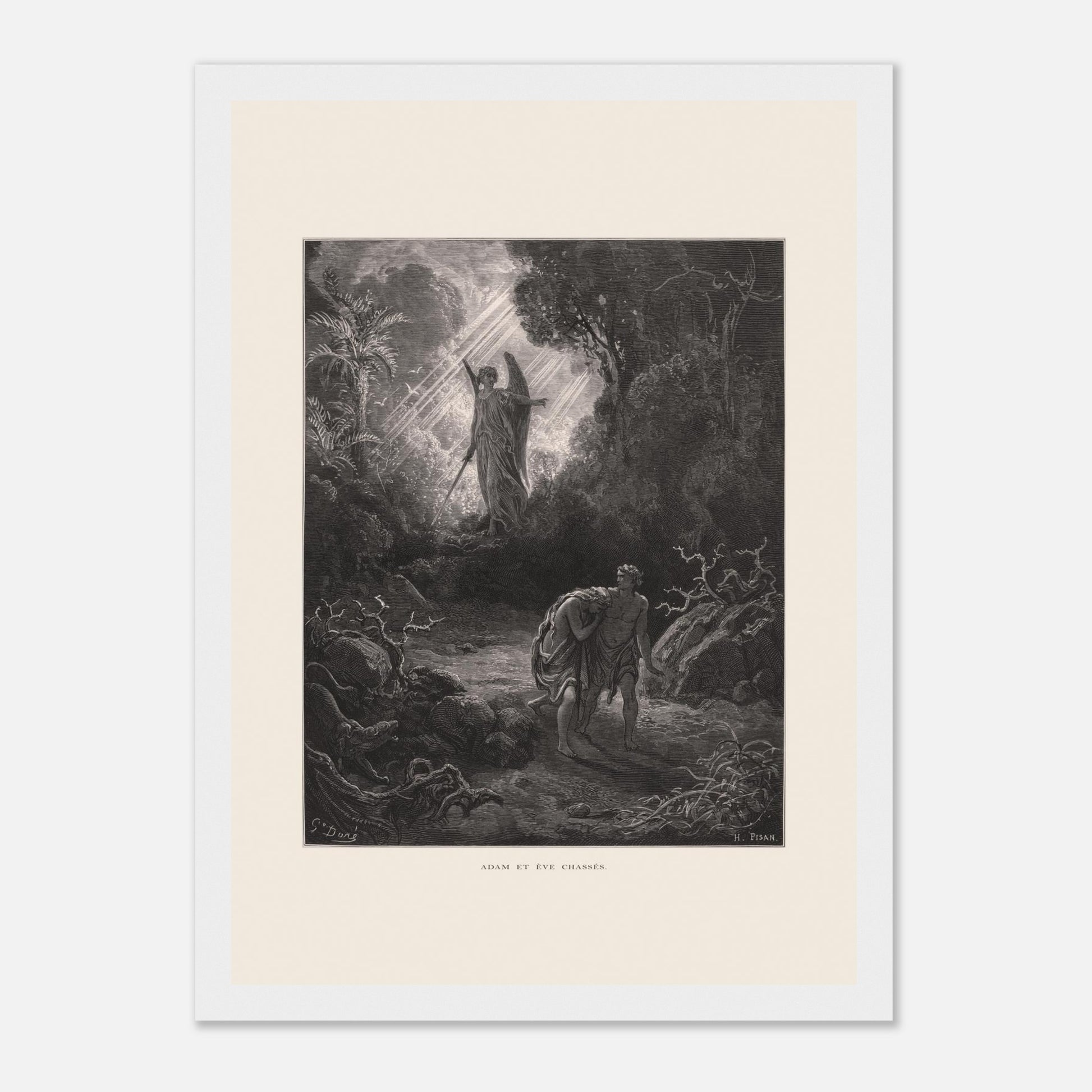 Planche ancienne Adam et Ève chassés du paradis par Gustave Doré (21x29,7 cm (A4) / Cadre blanc). Gravure de Gustave Doré représentant l'ange chassant Adam et Ève du jardin d'Éden, avec un ange armé d'une épée les guidant vers l'extérieur.
