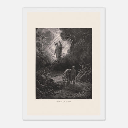 Planche ancienne Adam et Ève chassés du paradis par Gustave Doré (21x29,7 cm (A4) / Cadre blanc). Gravure de Gustave Doré représentant l'ange chassant Adam et Ève du jardin d'Éden, avec un ange armé d'une épée les guidant vers l'extérieur.