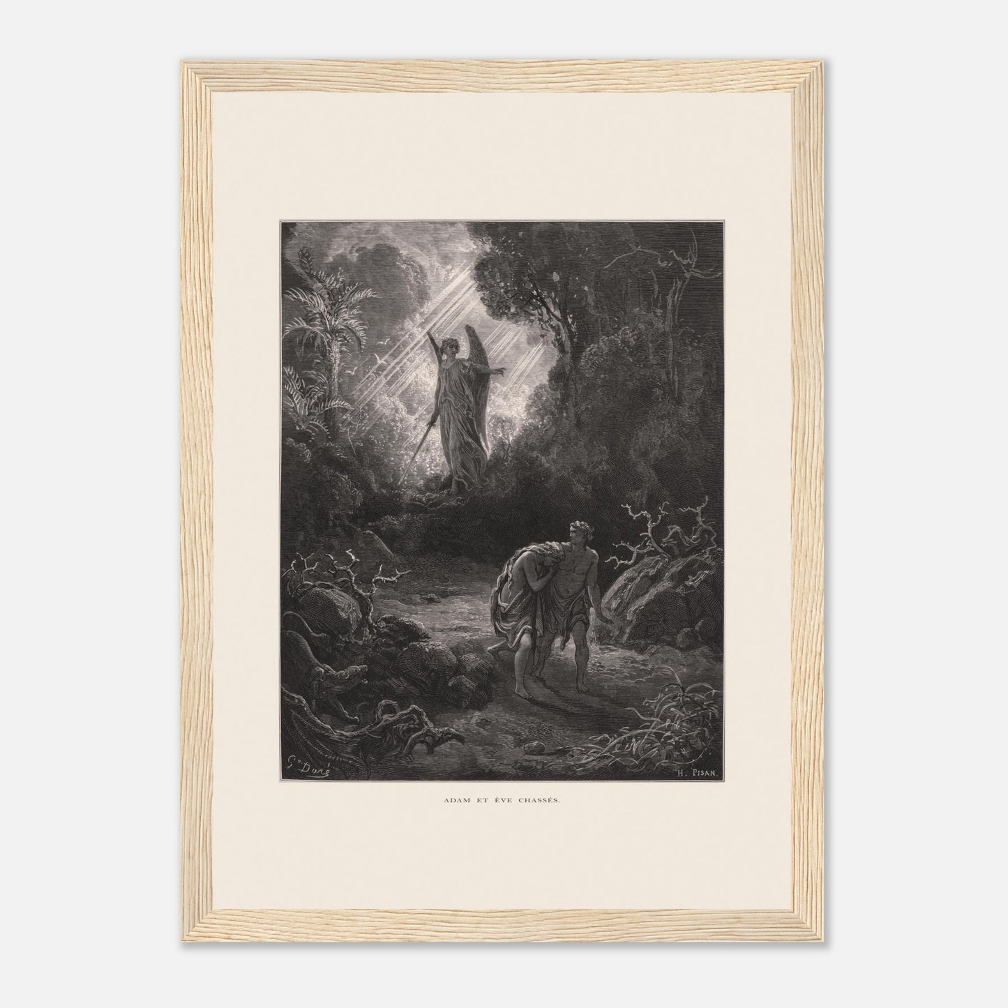 Planche ancienne Adam et Ève chassés du paradis par Gustave Doré (21x29,7 cm (A4) / Cadre bois clair). Gravure de Gustave Doré représentant l'ange chassant Adam et Ève du jardin d'Éden, avec un ange armé d'une épée les guidant vers l'extérieur.
