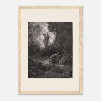 Planche ancienne Adam et Ève chassés du paradis par Gustave Doré (21x29,7 cm (A4) / Cadre bois clair). Gravure de Gustave Doré représentant l'ange chassant Adam et Ève du jardin d'Éden, avec un ange armé d'une épée les guidant vers l'extérieur.
