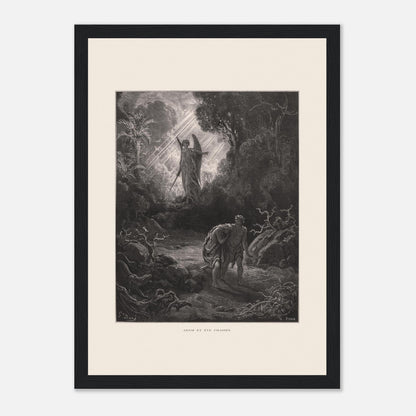 Planche ancienne Adam et Ève chassés du paradis par Gustave Doré (21x29,7 cm (A4) / Cadre noir). Gravure de Gustave Doré représentant l'ange chassant Adam et Ève du jardin d'Éden, avec un ange armé d'une épée les guidant vers l'extérieur.