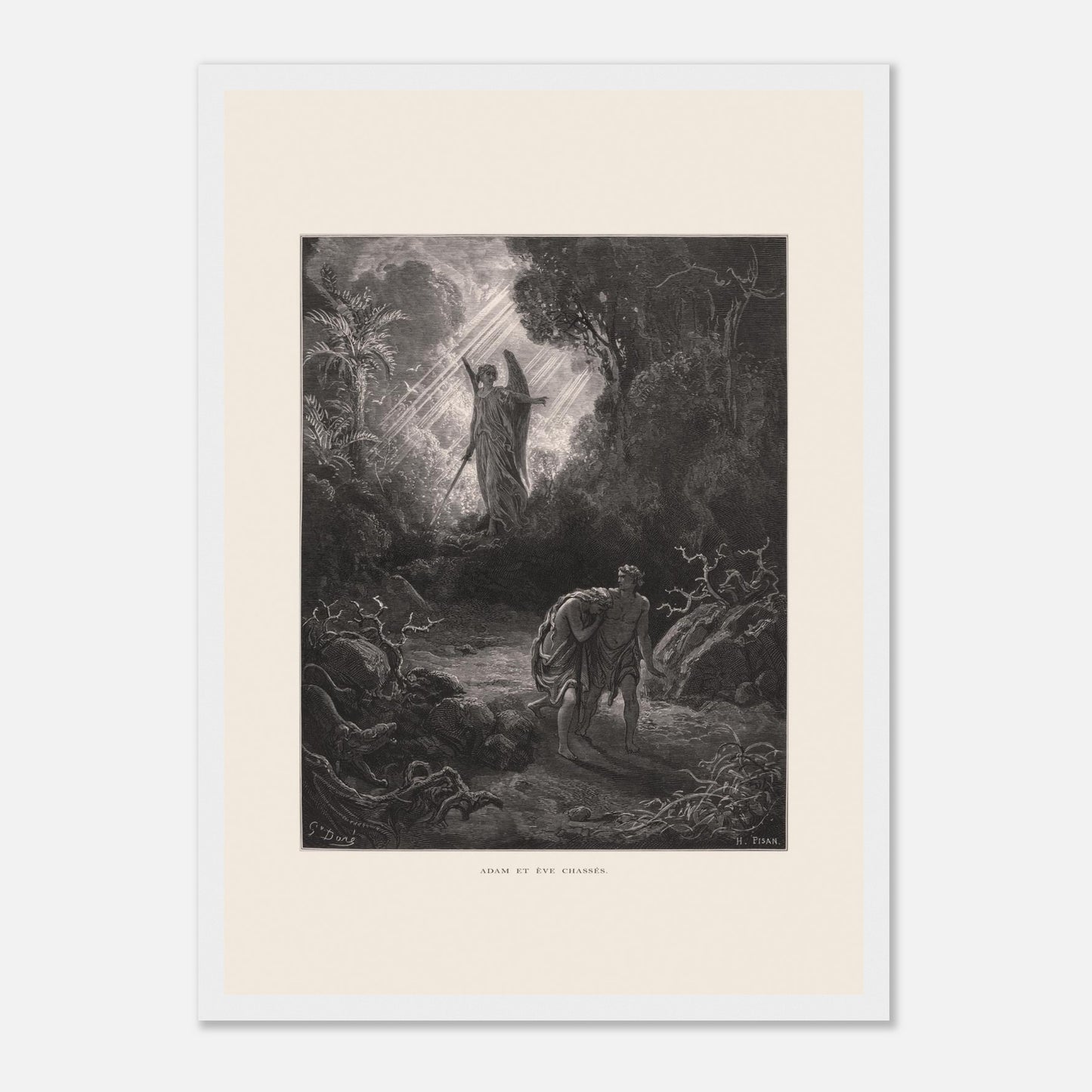 Planche ancienne Adam et Ève chassés du paradis par Gustave Doré (29,7x42 cm (A3) / Cadre blanc). Gravure de Gustave Doré représentant l'ange chassant Adam et Ève du jardin d'Éden, avec un ange armé d'une épée les guidant vers l'extérieur.