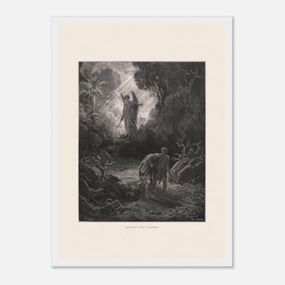 Planche ancienne Adam et Ève chassés du paradis par Gustave Doré (29,7x42 cm (A3) / Cadre blanc). Gravure de Gustave Doré représentant l'ange chassant Adam et Ève du jardin d'Éden, avec un ange armé d'une épée les guidant vers l'extérieur.