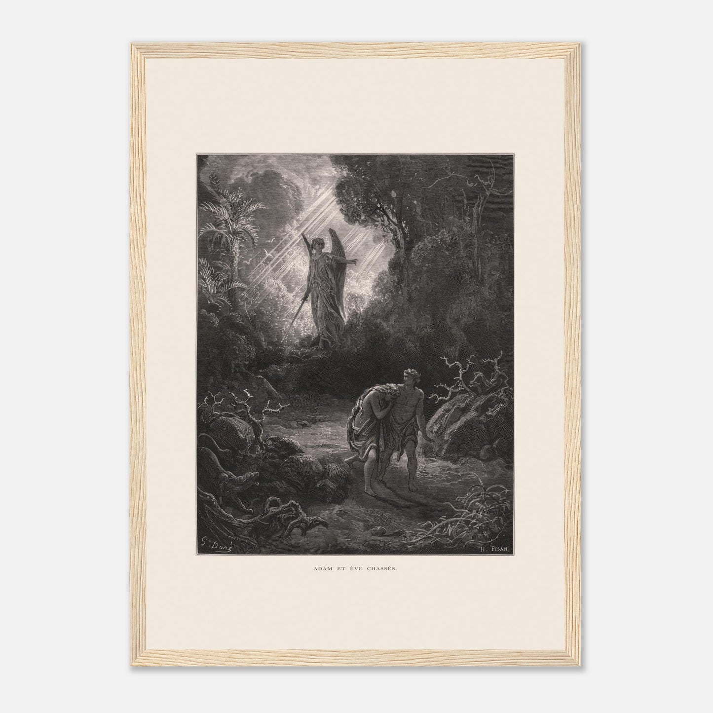 Planche ancienne Adam et Ève chassés du paradis par Gustave Doré (29,7x42 cm (A3) / Cadre bois clair). Gravure de Gustave Doré représentant l'ange chassant Adam et Ève du jardin d'Éden, avec un ange armé d'une épée les guidant vers l'extérieur.