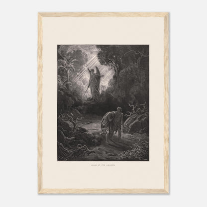 Planche ancienne Adam et Ève chassés du paradis par Gustave Doré (29,7x42 cm (A3) / Cadre bois clair). Gravure de Gustave Doré représentant l'ange chassant Adam et Ève du jardin d'Éden, avec un ange armé d'une épée les guidant vers l'extérieur.
