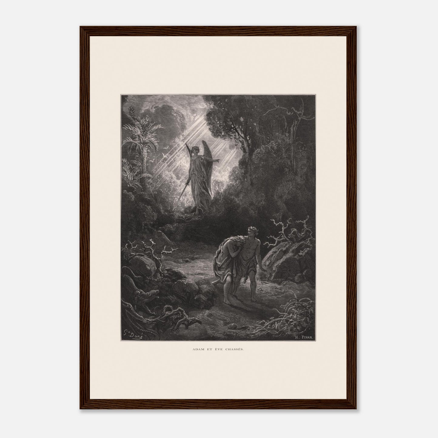 Planche ancienne Adam et Ève chassés du paradis par Gustave Doré (29,7x42 cm (A3) / Cadre bois foncé). Gravure de Gustave Doré représentant l'ange chassant Adam et Ève du jardin d'Éden, avec un ange armé d'une épée les guidant vers l'extérieur.
