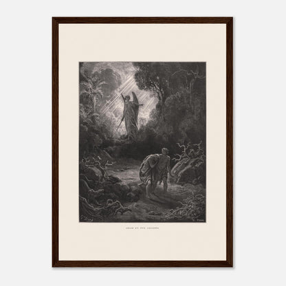 Planche ancienne Adam et Ève chassés du paradis par Gustave Doré (29,7x42 cm (A3) / Cadre bois foncé). Gravure de Gustave Doré représentant l'ange chassant Adam et Ève du jardin d'Éden, avec un ange armé d'une épée les guidant vers l'extérieur.