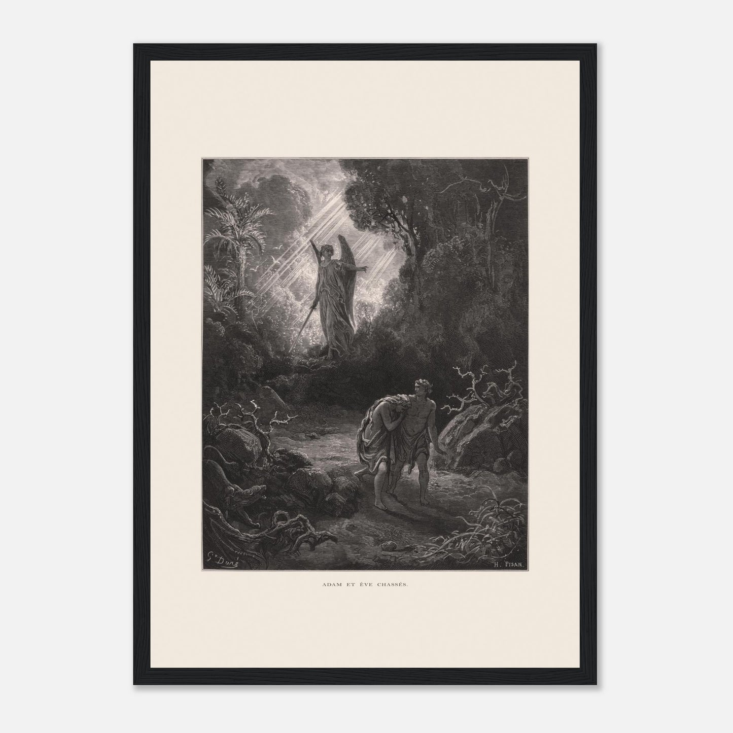Planche ancienne Adam et Ève chassés du paradis par Gustave Doré (29,7x42 cm (A3) / Cadre noir). Gravure de Gustave Doré représentant l'ange chassant Adam et Ève du jardin d'Éden, avec un ange armé d'une épée les guidant vers l'extérieur.