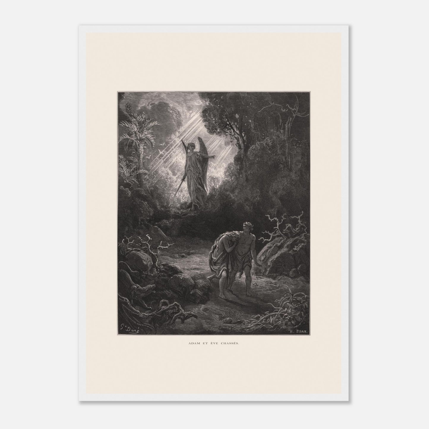 Planche ancienne Adam et Ève chassés du paradis par Gustave Doré (42x59,4 cm (A2) / Cadre blanc). Gravure de Gustave Doré représentant l'ange chassant Adam et Ève du jardin d'Éden, avec un ange armé d'une épée les guidant vers l'extérieur.