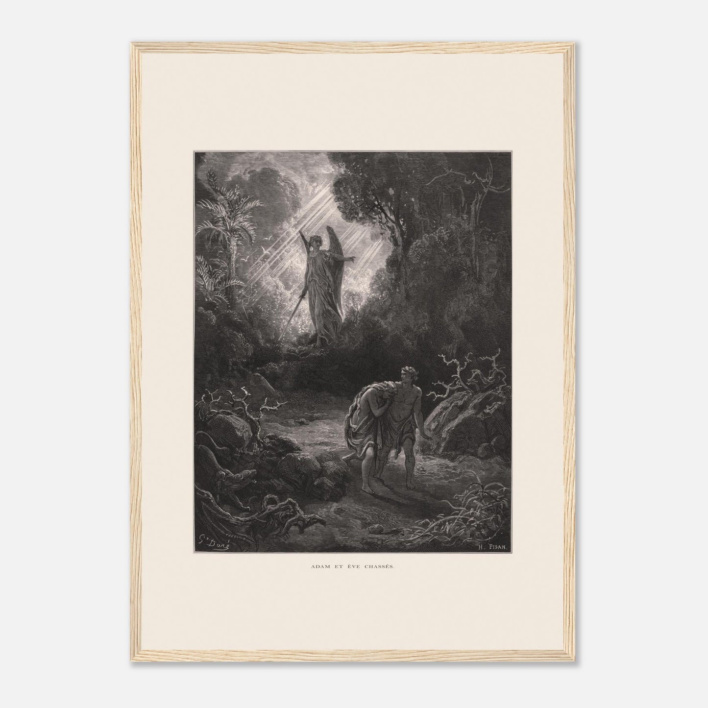 Planche ancienne Adam et Ève chassés du paradis par Gustave Doré (42x59,4 cm (A2) / Cadre bois clair). Gravure de Gustave Doré représentant l'ange chassant Adam et Ève du jardin d'Éden, avec un ange armé d'une épée les guidant vers l'extérieur.