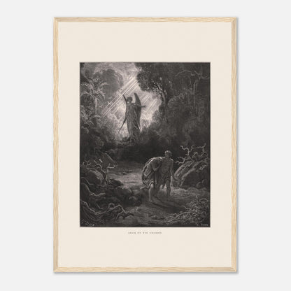 Planche ancienne Adam et Ève chassés du paradis par Gustave Doré (42x59,4 cm (A2) / Cadre bois clair). Gravure de Gustave Doré représentant l'ange chassant Adam et Ève du jardin d'Éden, avec un ange armé d'une épée les guidant vers l'extérieur.