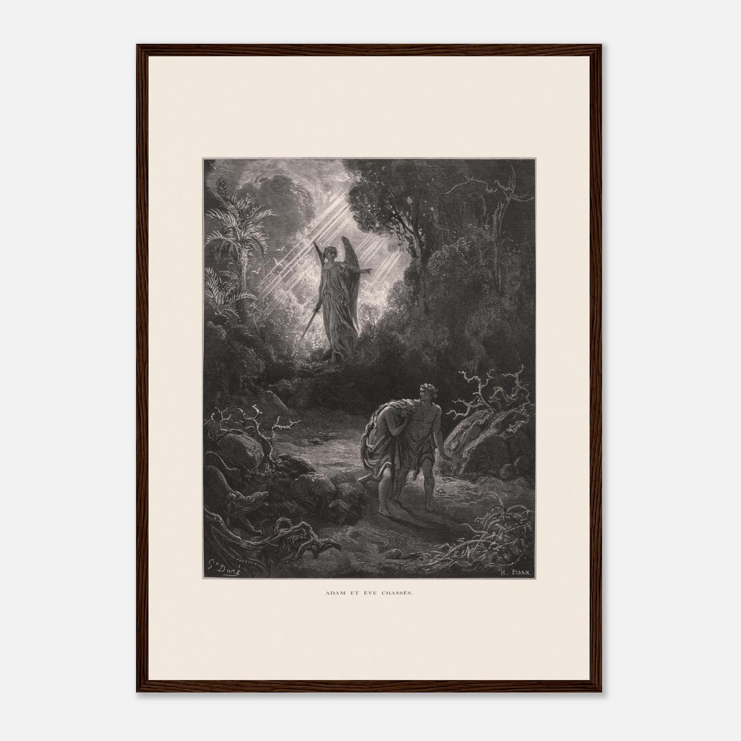 Planche ancienne Adam et Ève chassés du paradis par Gustave Doré (42x59,4 cm (A2) / Cadre bois foncé). Gravure de Gustave Doré représentant l'ange chassant Adam et Ève du jardin d'Éden, avec un ange armé d'une épée les guidant vers l'extérieur.
