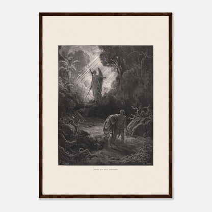 Planche ancienne Adam et Ève chassés du paradis par Gustave Doré (42x59,4 cm (A2) / Cadre bois foncé). Gravure de Gustave Doré représentant l'ange chassant Adam et Ève du jardin d'Éden, avec un ange armé d'une épée les guidant vers l'extérieur.