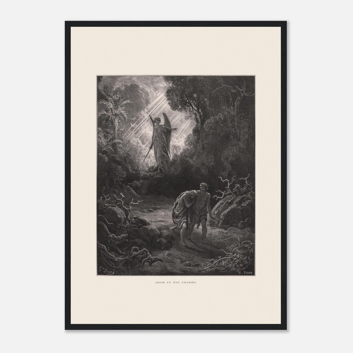 Planche ancienne Adam et Ève chassés du paradis par Gustave Doré (42x59,4 cm (A2) / Cadre noir). Gravure de Gustave Doré représentant l'ange chassant Adam et Ève du jardin d'Éden, avec un ange armé d'une épée les guidant vers l'extérieur.
