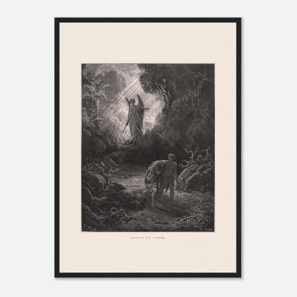 Planche ancienne Adam et Ève chassés du paradis par Gustave Doré (42x59,4 cm (A2) / Cadre noir). Gravure de Gustave Doré représentant l'ange chassant Adam et Ève du jardin d'Éden, avec un ange armé d'une épée les guidant vers l'extérieur.