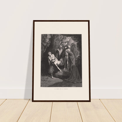 Antiker Stich Die Grablegung Christi von Gustave Doré. Stich von Gustave Dore, 'Die Grablegung Christi', der mehrere Figuren zeigt, die den Leichnam Christi in eine Höhle tragen.